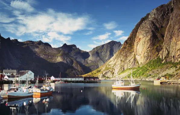 The sky, clouds, mountains, rocks, home, Bay, boats, Norway