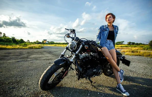 Road, clouds, pose, motorcycle, road, beautiful girl, motorcycle, clouds