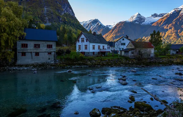 Forest, the sun, trees, mountains, river, stones, rocks, home