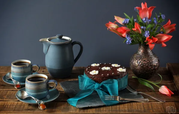 Picture tea, bouquet, Cup, tulips, cake, still life, bow, forget-me-nots