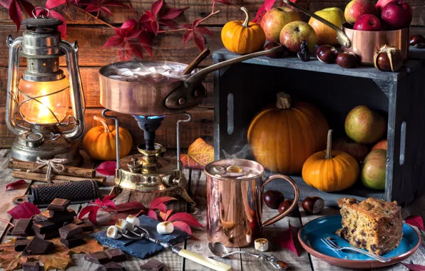 Apples, lamp, hot, chocolate, pie, pumpkin, chestnuts, fondue