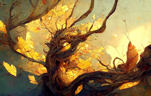 Autumn, leaves, light, branches, nature, roots, tree, foliage