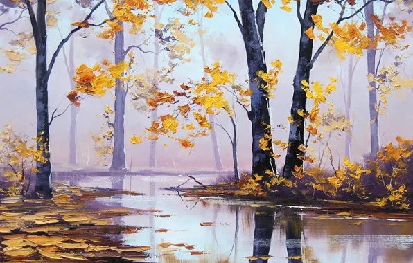 Autumn, forest, trees, nature, river, yellow leaves, art, artsaus