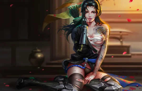 Girl, the game, art, overwatch, hanzo, liang xing