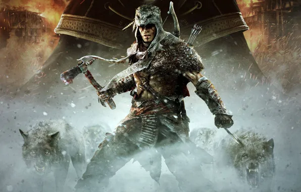 Picture fire, blood, wolf, bow, skin, arrows, killer, Ubisoft