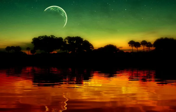 The sky, stars, landscape, lake, glare, reflection, Wallpaper, the moon