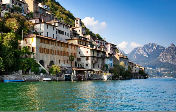 Landscape, mountains, lake, shore, boat, home, Switzerland, St. Moritz