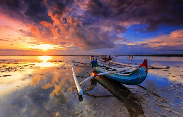 The sky, sunset, reflection, the ocean, boat, Thailand