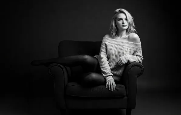 Girl, blonde, legs, sweater, black and white