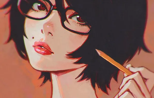 Picture girl, face, pencils, brunette, glasses, mole