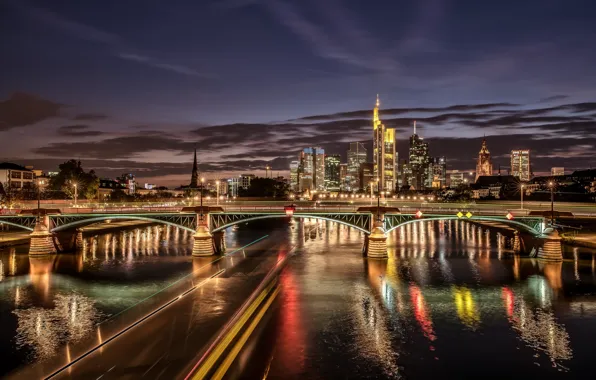 Bridge, lights, river, building, Germany, night city, Germany, Frankfurt am main