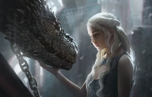 Girl, fantasy, art, dragon, Game of Thrones, Emilia Clarke, Daenerys Targaryen, film