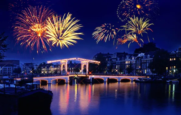Night, lights, reflection, river, holiday, salute, fireworks, town