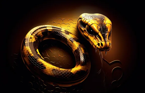 Look, yellow, the dark background, snake, snakes, gold, AI art, neural network