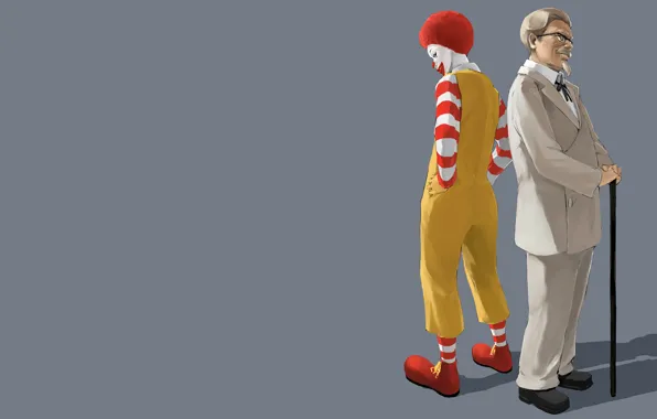 Picture minimalism, clown, grey background, McDonalds, fast food, Ronald McDonald, KFC