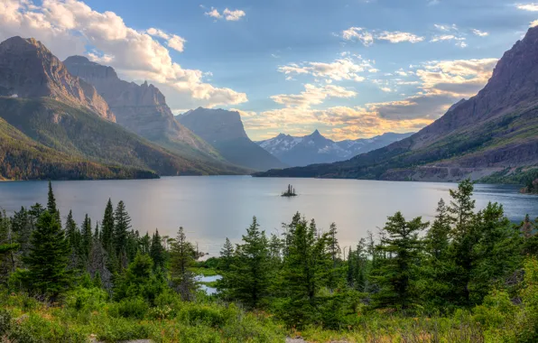 Picture the sky, trees, mountains, lake, island, USA, glacier national park, montana