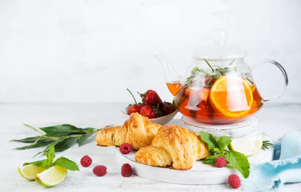 Tea, orange, kettle, lime, Still life, croissants, Iryna Melnyk