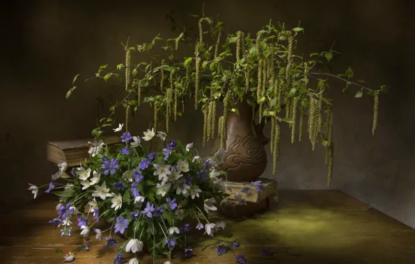 Flowers, branches, earrings, birch, still life