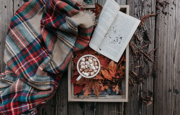 Autumn, Cup, book, plaid, cocoa, marshmallows