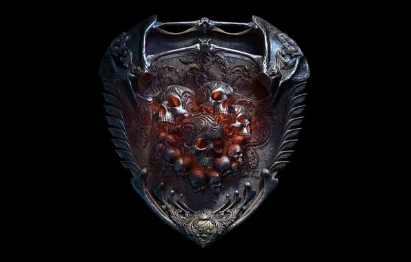Skull, Black background, Shield