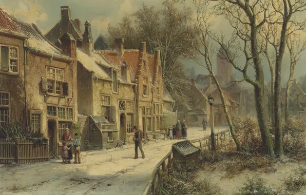 Picture Willem Koekkoek, Dutch painter, Dutch artist, oil on canvas, Willem Koekkoek, Villagers in a snow-covered …
