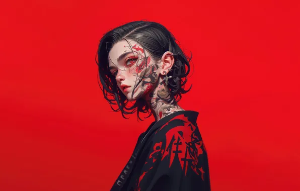 Girl, Fantasy, Anime, Tattoo, Kimono, Black Hair, Red Background, Anime Girl