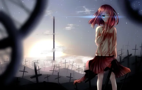 Picture the sky, girl, the sun, clouds, tower, cross, anime, art