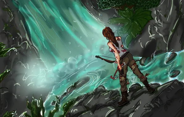 Picture girl, stones, weapons, waterfall, bow, art, Lara Croft, Tomb raider
