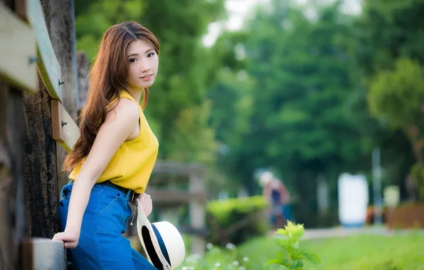 Summer, girl, the city, pose, street, model, jeans, makeup