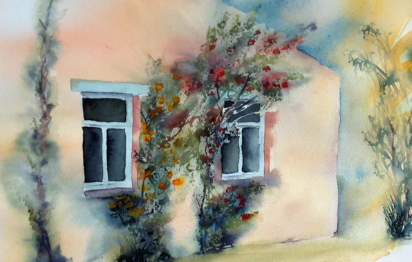 House, picture, watercolor