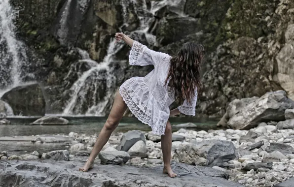 Girl, stones, dance, mountain river