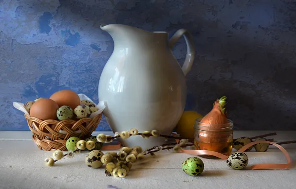 Picture table, lemon, basket, eggs, bow, dishes, pitcher, Verba