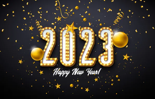 Stars, balls, light, lights, the dark background, the inscription, rhinestones, figures