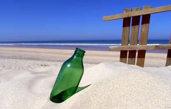 Sand, sea, shore, bottle