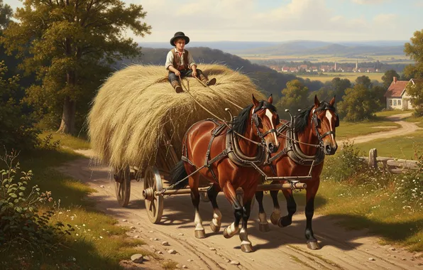 Road, summer, landscape, Wallpaper, figure, horse, art, hay