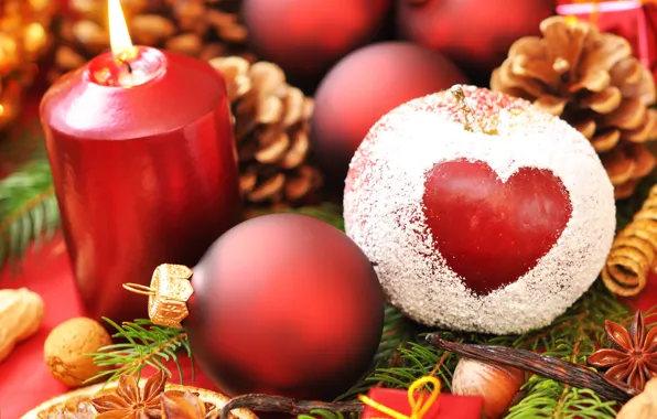 Holiday, balls, heart, new year, Apple, Christmas, candle, new year