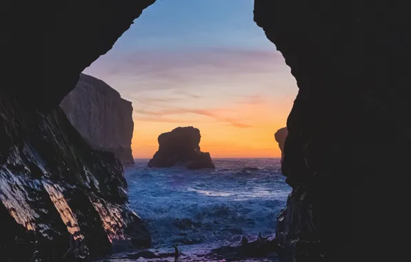 Picture sea, the sky, sunset, nature, rocks, the evening, cave