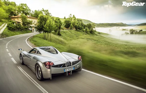 Picture road, trees, house, background, Top Gear, supercar, Pagani, rear view