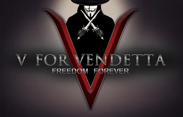 Picture hat, mask, swords, V For Vendetta