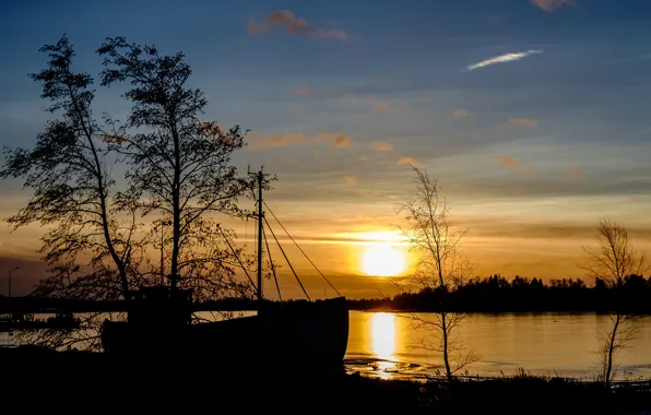 Sunset, river, ship, silhouette