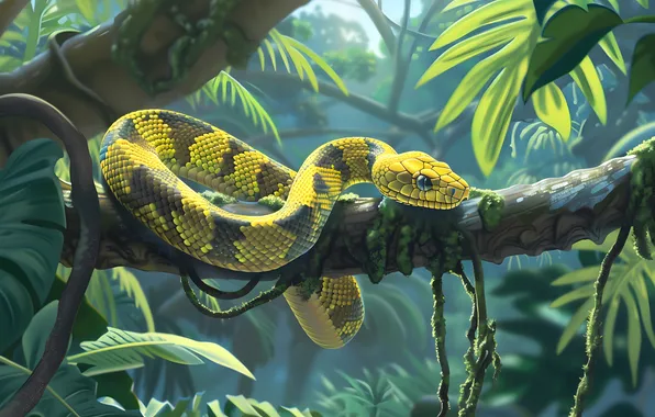 Tree, Snake, Leaves, Branch, Jungle, Art, Reptile, Animal