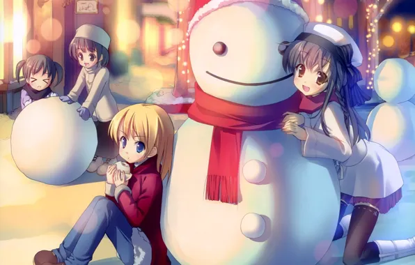 Winter, mood, anime, snowman, friends