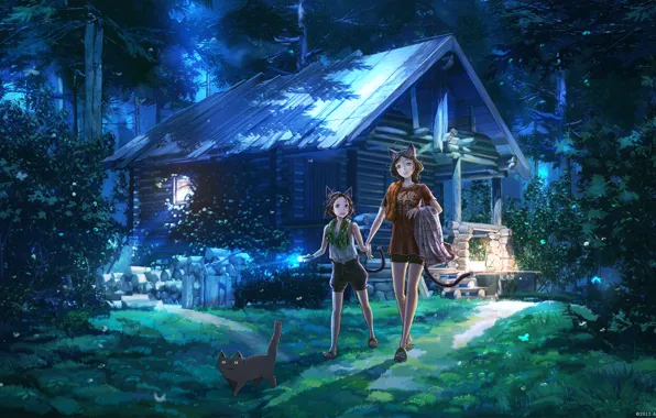 Picture forest, children, house, towel, flashlight, wooden, pine, black cat