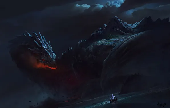 Sea, night, dragon, ship, sailboat, art, giant