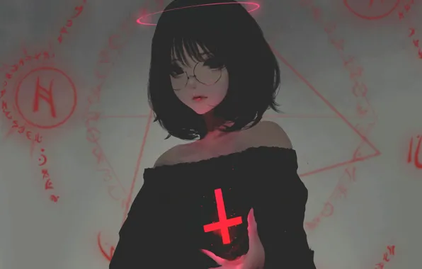 Girl, Signs, Cross, Glasses, Characters, Shoulders, Limb