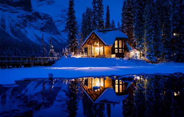 Winter, forest, snow, mountains, night, bridge, lake, reflection