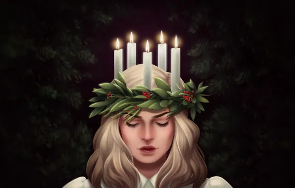 Girl, Candles, Face, Art, Illustration, Santa Lucia, by Emily Solomon, Emily Solomon