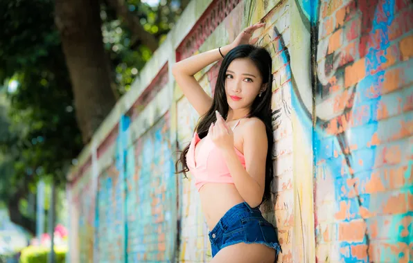 Trees, sexy, pose, graffiti, model, the fence, shorts, portrait