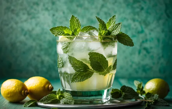 Glass, lemon, ice, drink, mint, Mojito