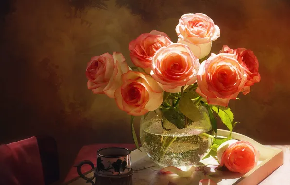 Water, light, flowers, table, tea, roses, bouquet, chair